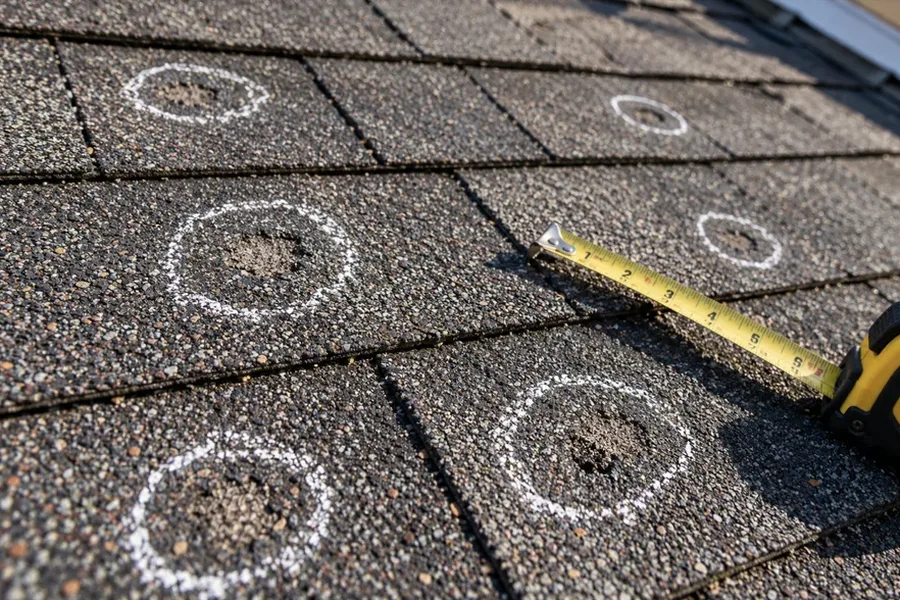 Hail-bruised asphalt shingles with inspection chalk marks