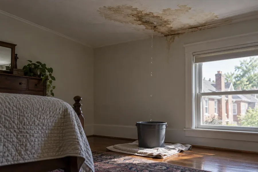 Water stain on a top-floor ceiling with a bucket catching drips